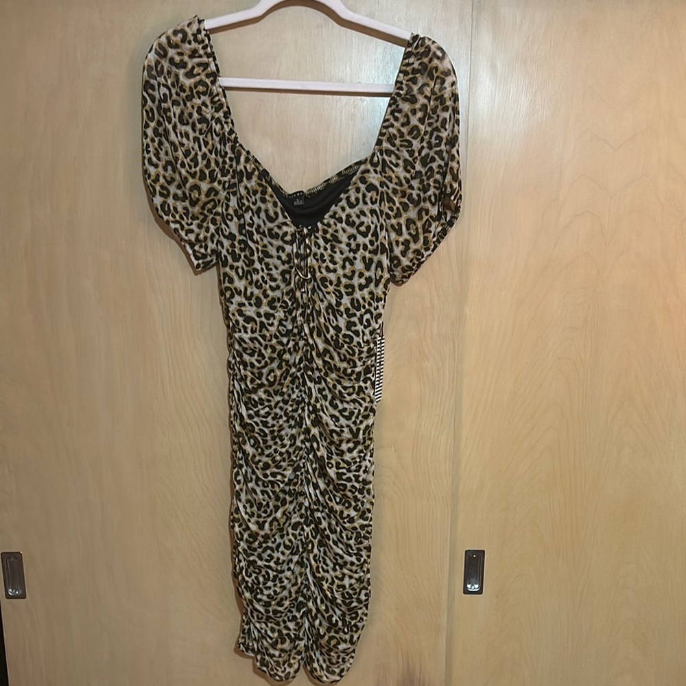 Haute Monde Tan Mini Bodycon Dress with Puff Sleeves for Night Out